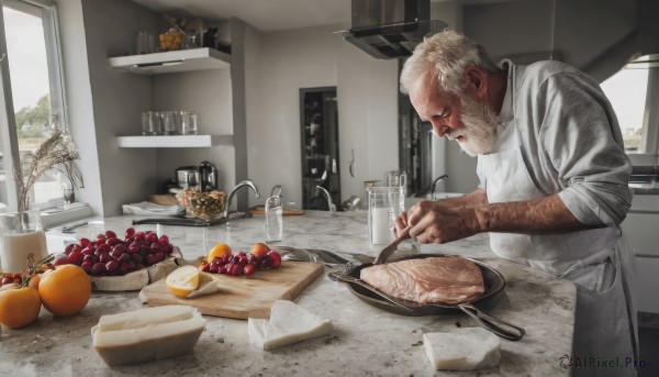 solo,short hair,1boy,holding,closed mouth,white hair,male focus,food,indoors,apron,cup,window,fruit,facial hair,scar,bottle,knife,beard,sleeves rolled up,bowl,ice,realistic,basket,bread,old,old man,cooking,orange (fruit),kitchen,milk,jar,arm hair,sink,orange slice,wrinkled skin,cutting board,shirt,white shirt,glasses,signature,looking down,table,plate,spoon,apple,holding knife,sleeves pushed up,banana,refrigerator,faucet