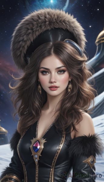 1girl,solo,long hair,breasts,looking at viewer,brown hair,gloves,hat,cleavage,bare shoulders,brown eyes,jewelry,medium breasts,collarbone,upper body,earrings,parted lips,detached sleeves,sky,artist name,signature,lips,fur trim,black headwear,makeup,night,wavy hair,gem,star (sky),night sky,zipper,starry sky,realistic,red lips,dress,outdoors,moon,lipstick