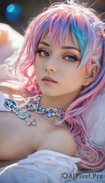 1girl,solo,long hair,breasts,looking at viewer,bangs,blue eyes,hair ornament,bare shoulders,jewelry,medium breasts,blue hair,white shirt,upper body,pink hair,multicolored hair,earrings,lying,parted lips,on back,necklace,off shoulder,two-tone hair,aqua eyes,lips,streaked hair,pillow,eyelashes,makeup,tiara,gem,realistic,nose,pearl necklace,mascara,cleavage,eyeshadow,planet,pearl (gemstone)