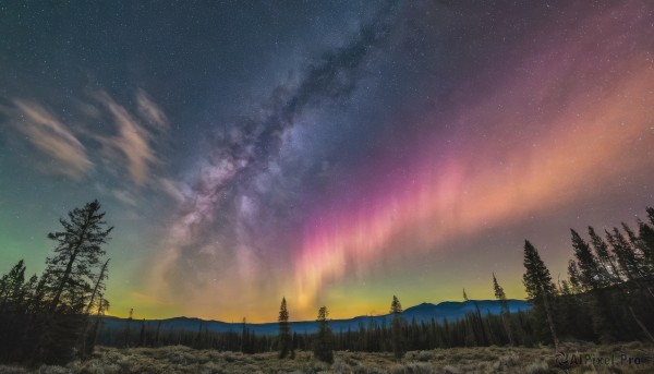 outdoors,sky,cloud,tree,night,grass,star (sky),nature,night sky,scenery,forest,starry sky,sunset,landscape,signature,no humans,mountain,aurora,milky way