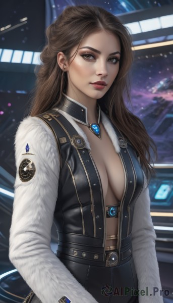 1girl,solo,long hair,breasts,looking at viewer,brown hair,long sleeves,cleavage,brown eyes,jewelry,medium breasts,earrings,open clothes,choker,belt,necklace,lips,coat,fur trim,makeup,lipstick,brooch,gem,forehead,eyeshadow,science fiction,realistic,nose,center opening,red lips,eyeliner,large breasts,closed mouth,upper body,artist name,mole,vest,no bra,bodysuit