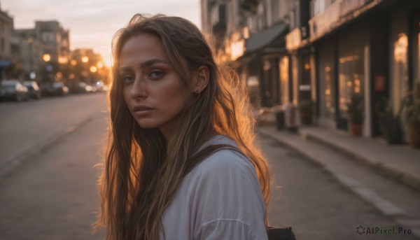 1girl, solo, long hair, looking at viewer, brown hair, shirt, brown eyes, jewelry, white shirt, upper body, earrings, outdoors, parted lips, bag, blurry, lips, depth of field, blurry background, thick eyebrows, ground vehicle, building, motor vehicle, freckles, city, realistic, nose, car, road, street