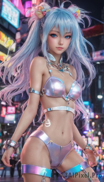 1girl,solo,long hair,breasts,looking at viewer,smile,bangs,blue eyes,hair ornament,thighhighs,navel,cleavage,bare shoulders,twintails,jewelry,medium breasts,closed mouth,underwear,blue hair,standing,panties,swimsuit,bikini,multicolored hair,cowboy shot,necklace,bra,blurry,bracelet,two side up,lips,bell,gradient hair,thigh strap,blurry background,o-ring,realistic,neon lights,hair between eyes,hair bow,small breasts,outdoors,artist name,nail polish,armor,night,armlet,bikini armor