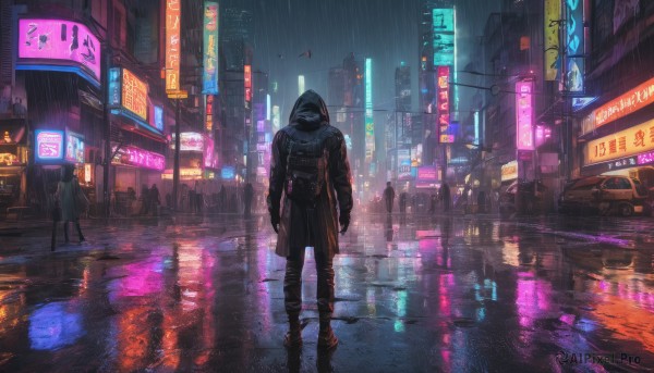 holding, standing, jacket, outdoors, hood, dutch angle, night, ground vehicle, building, scenery, motor vehicle, hood up, reflection, science fiction, rain, city, sign, car, road, street, puddle, cyberpunk, neon lights