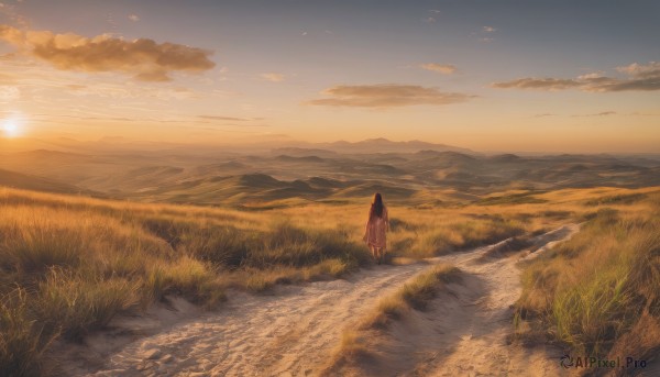 1girl,solo,long hair,black hair,dress,standing,outdoors,sky,cloud,from behind,sunlight,cloudy sky,grass,scenery,sunset,mountain,sun,horizon,facing away,road,field,wide shot,landscape,mountainous horizon,path,hill,shadow,orange sky