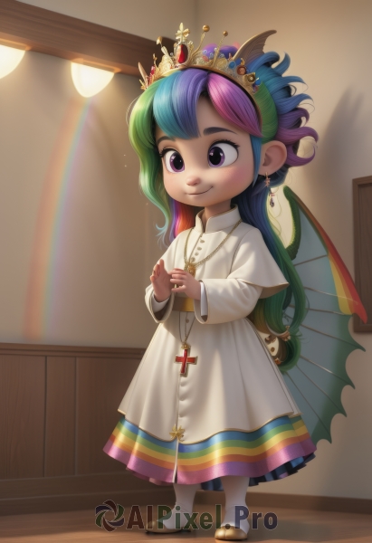 1girl,solo,long hair,smile,long sleeves,dress,jewelry,closed mouth,blue hair,standing,purple eyes,full body,pink hair,purple hair,multicolored hair,earrings,green hair,wings,horns,shoes,artist name,indoors,necklace,white dress,two-tone hair,watermark,ring,cross,tiara,crown,child,personification,freckles,wooden floor,female child,slippers,cross necklace,rainbow,rainbow hair,holding jewelry,boots