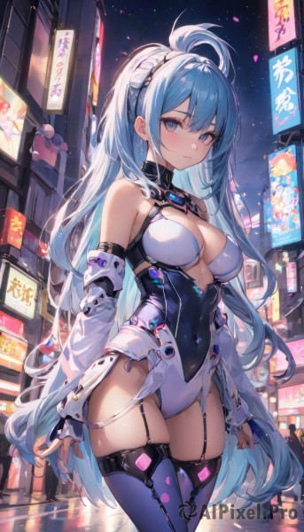 1girl,solo,long hair,breasts,looking at viewer,blush,bangs,blue eyes,thighhighs,gloves,long sleeves,cleavage,bare shoulders,medium breasts,very long hair,closed mouth,blue hair,standing,ponytail,ahoge,sidelocks,thighs,cowboy shot,hairband,outdoors,detached sleeves,sky,fingerless gloves,mole,leotard,clothing cutout,covered navel,skindentation,night,highleg,garter straps,expressionless,cleavage cutout,building,black leotard,highleg leotard,reflection,white leotard,blue thighhighs,purple thighhighs,large breasts,collar,sleeves past wrists,night sky,legs together,neon lights