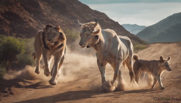 outdoors,multiple boys,horns,sky,day,tree,no humans,shadow,animal,nature,scenery,walking,running,mountain,realistic,road,riding,horse,goat,chinese zodiac,animal focus,cow