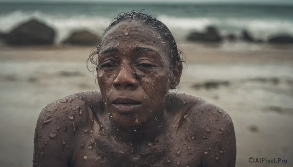 solo, looking at viewer, 1boy, upper body, male focus, nude, outdoors, dark skin, blurry, wet, blurry background, beach, realistic, sand