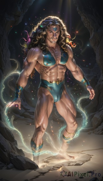 solo,long hair,looking at viewer,brown hair,black hair,1boy,navel,jewelry,standing,full body,male focus,multicolored hair,barefoot,artist name,signature,muscular,glowing,watermark,wavy hair,facial mark,abs,pectorals,muscular male,curly hair,toned,bulge,rock,forehead mark,bracer,forehead jewel,nipples,boots,dark skin,facial hair,web address,magic,manly,swim briefs