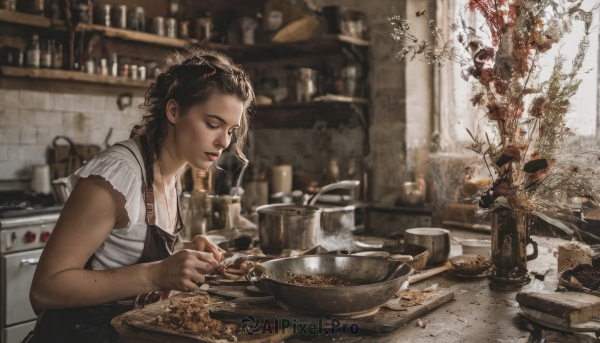 1girl,solo,long hair,brown hair,shirt,black hair,white shirt,braid,short sleeves,food,indoors,blurry,apron,lips,depth of field,blurry background,looking down,table,bottle,plant,freckles,bowl,realistic,spoon,cooking,shelf,kitchen,jar,counter,stove,hair ornament,holding,closed eyes,upper body,knife,chocolate,cutting board