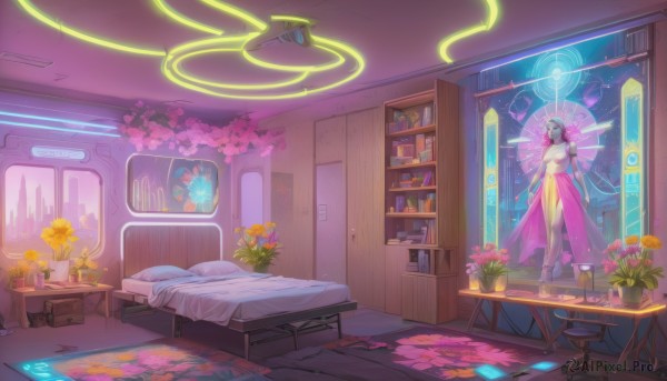 1girl,solo,long hair,breasts,skirt,standing,flower,barefoot,indoors,pillow,book,no humans,window,bed,glowing,on bed,halo,chair,table,plant,robot,scenery,science fiction,yellow flower,door,bookshelf,potted plant,bedroom,television,monitor,vase,cyberpunk,hologram,short hair,dress,jewelry,cup,headphones,desk,pink skirt,wooden floor,android,wide shot,shelf,painting (object),flower pot