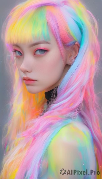 1girl,solo,long hair,looking at viewer,bangs,blonde hair,simple background,shirt,jewelry,closed mouth,upper body,pink hair,multicolored hair,earrings,choker,artist name,blunt bangs,from side,lips,streaked hair,eyelashes,sparkle,makeup,piercing,eyeshadow,freckles,realistic,nose,eyeliner,colorful,rainbow hair,blue eyes,grey background,orange hair,grey eyes,aqua hair,lipstick,portrait,pink lips,mascara,glowing hair