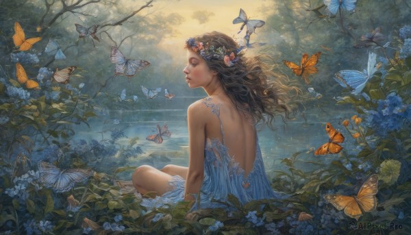 1girl,solo,long hair,brown hair,hair ornament,dress,bare shoulders,sitting,closed eyes,flower,outdoors,parted lips,barefoot,hair flower,water,from behind,tree,lips,profile,floating hair,blue dress,animal,leaf,back,wavy hair,bug,plant,wind,butterfly,nature,scenery,forest,blue flower,backless outfit,realistic,nose,bare back,indian style,head wreath,backless dress,sleeveless,from side,eyelashes,sleeveless dress,arm support,curly hair,branch,blue butterfly