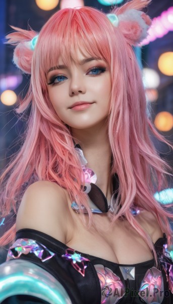 1girl,solo,long hair,breasts,looking at viewer,smile,bangs,blue eyes,hair ornament,animal ears,cleavage,bare shoulders,medium breasts,closed mouth,upper body,pink hair,artist name,off shoulder,blurry,lips,fox ears,double bun,makeup,detached collar,blurry background,eyeshadow,realistic,nose,jewelry,rabbit ears,eyelashes,depth of field,gem,viera