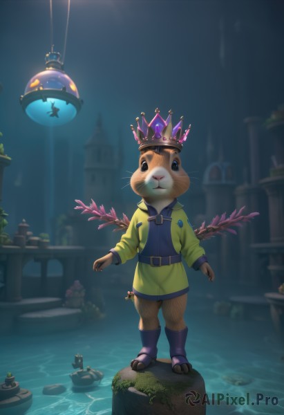 solo,long sleeves,1boy,closed mouth,standing,jacket,full body,male focus,boots,outdoors,belt,artist name,water,black eyes,crown,furry,fish,furry male,whiskers,tunic,tail,blurry,no humans,animal,cat,floating,blue footwear,rabbit,rock,fantasy,clothed animal