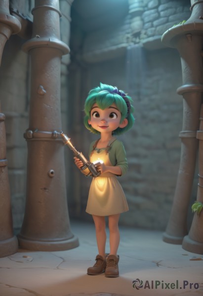 1girl,solo,looking at viewer,smile,short hair,open mouth,hair ornament,dress,holding,brown eyes,standing,full body,flower,hairband,green hair,shoes,blurry,glowing,brown footwear,child,female child,yellow dress,pillar,column,green eyes,weapon,:d,boots,teeth,gun,freckles,green dress,industrial pipe