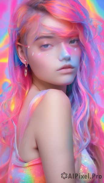 1girl,solo,long hair,breasts,looking at viewer,bangs,blue eyes,bare shoulders,jewelry,closed mouth,upper body,pink hair,multicolored hair,earrings,sleeveless,black eyes,from side,lips,eyelashes,makeup,swept bangs,watermark,wavy hair,realistic,nose,rainbow,colorful,dress,medium breasts,artist name,gem