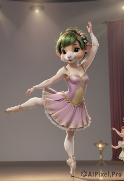 1girl,breasts,looking at viewer,smile,short hair,multiple girls,skirt,hair ornament,dress,2girls,animal ears,cleavage,standing,flower,pantyhose,small breasts,green hair,solo focus,indoors,hair flower,black eyes,arm up,leotard,leg up,standing on one leg,pink dress,furry,furry female,dancing,ballerina,ballet slippers,ballet,tutu,solo,blue eyes,full body