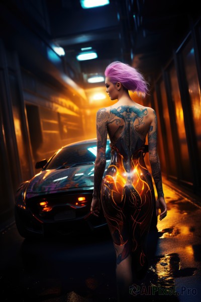 1girl,solo,short hair,standing,pink hair,purple hair,ass,nude,earrings,looking back,from behind,blurry,tattoo,makeup,night,back,ground vehicle,motor vehicle,science fiction,car,arm tattoo,cyborg,cyberpunk,back tattoo,sports car,full-body tattoo,breasts,dress,dark skin,dark-skinned female,lips,bodysuit,lipstick,walking,nose,very short hair,undercut