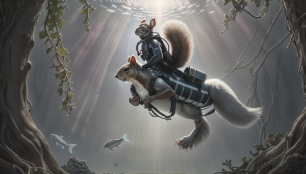 solo,gloves,1boy,animal ears,tail,male focus,from side,tree,mask,bird,animal,sunlight,plant,goggles,nature,scenery,furry,forest,fish,light rays,underwater,riding,furry male,sunbeam,squirrel ears,squirrel tail,squirrel girl,squirrel,saddle,hat,signature,no humans,dog