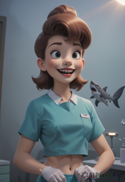 1girl,solo,breasts,looking at viewer,blush,smile,short hair,open mouth,skirt,brown hair,shirt,gloves,navel,green eyes,upper body,ponytail,short sleeves,small breasts,teeth,midriff,collared shirt,indoors,white gloves,medium hair,uniform,crop top,blue shirt,freckles,lamp,breast pocket,shark,polo shirt,bangs,medium breasts,artist name,stomach,lips,makeup,thick eyebrows,sharp teeth,genderswap,genderswap (mtf),fish,nose,name tag