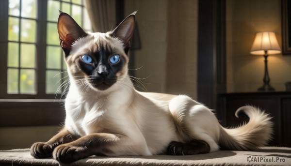 HQ,solo,looking at viewer,blue eyes,closed mouth,full body,lying,indoors,blurry,no humans,window,depth of field,blurry background,animal,cat,on stomach,curtains,realistic,lamp,animal focus,signature,slit pupils