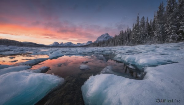 outdoors,sky,cloud,tree,no humans,cloudy sky,star (sky),nature,scenery,snow,forest,sunset,mountain,winter,bare tree,evening,landscape,mountainous horizon,gradient sky,footprints,pine tree,water,reflection,ice,rock,river,lake