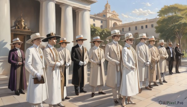 brown hair,black hair,gloves,long sleeves,hat,bow,standing,jacket,male focus,outdoors,multiple boys,necktie,sky,shoes,glasses,day,pants,cloud,white gloves,bowtie,black footwear,tree,blue sky,coat,shadow,white headwear,black pants,formal,suit,building,walking,6+boys,robe,top hat,pillar,cane,holding cane,long hair,short hair,multiple girls,holding,bag,uniform,mask,6+girls,handbag