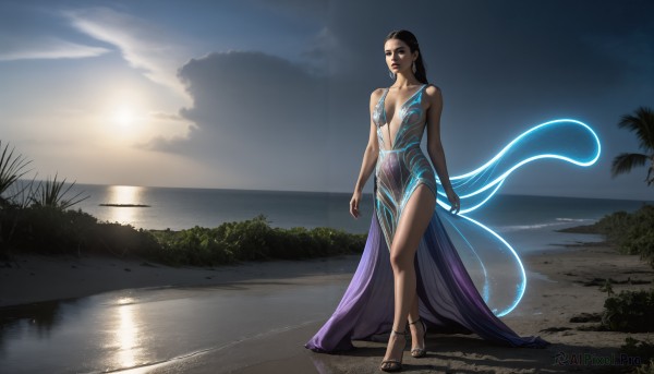 HQ,1girl,solo,long hair,breasts,brown hair,black hair,dress,bare shoulders,jewelry,medium breasts,standing,full body,small breasts,outdoors,sky,cloud,dark skin,water,high heels,dark-skinned female,tree,lips,see-through,tattoo,blue dress,glowing,beach,purple dress,reflection,walking,anklet,sun,lake,cleavage,no bra,makeup,ocean,sandals,long legs,center opening,sand,palm tree,horizon