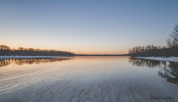 outdoors,sky,day,water,tree,blue sky,no humans,nature,scenery,forest,sunset,road,bare tree,river,landscape,gradient sky,path,reflection,horizon,winter,sunrise