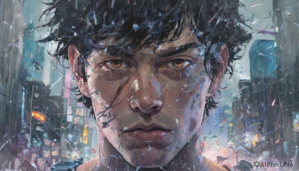 A male portrayed in a vivid rainy outdoors