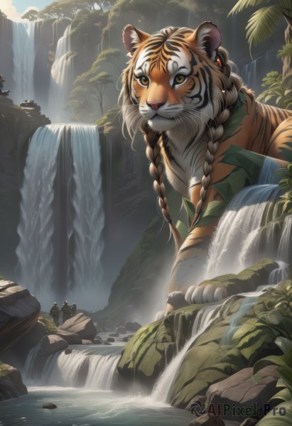 smile,animal ears,brown eyes,jewelry,yellow eyes,braid,earrings,outdoors,day,water,twin braids,tree,no humans,animal,fangs,sunlight,plant,nature,scenery,furry,forest,rock,mountain,river,waterfall,whiskers,tiger,cliff,solo,long hair,looking at viewer,artist name,fantasy,tiger ears,tiger stripes