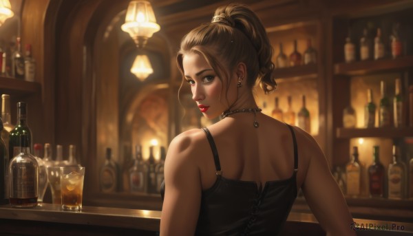 1girl,solo,long hair,looking at viewer,blonde hair,brown hair,dress,bare shoulders,brown eyes,jewelry,upper body,ponytail,earrings,parted lips,choker,looking back,indoors,necklace,from behind,blurry,black dress,cup,lips,bare arms,makeup,depth of field,blurry background,back,bottle,high ponytail,lipstick,alcohol,drinking glass,realistic,nose,red lips,spaghetti strap,wine glass,shoulder blades,wine bottle,mascara,bar (place),counter,cocktail glass,whiskey,sleeveless,light,lamp