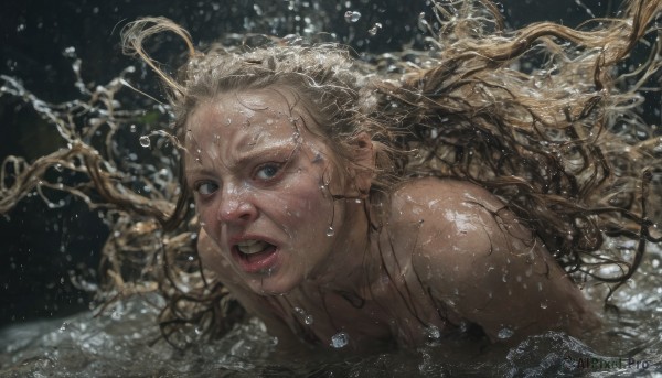 1girl,solo,long hair,looking at viewer,open mouth,blue eyes,blonde hair,upper body,nude,teeth,water,lips,wet,floating hair,partially submerged,bubble,underwater,realistic,nose,air bubble,splashing,swimming,bare shoulders,collarbone,mole,black background,freckles,water drop