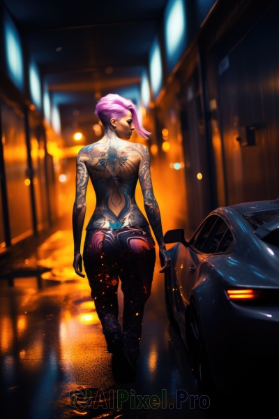 1girl,solo,breasts,short hair,navel,jewelry,medium breasts,sitting,full body,pink hair,earrings,dark skin,blurry,dark-skinned female,clothing cutout,bodysuit,tattoo,makeup,night,blurry background,piercing,lipstick,ground vehicle,motor vehicle,reflection,car,arm tattoo,navel cutout,sports car,gloves,bare shoulders,standing,purple hair,ass,boots,looking back,pants,fingerless gloves,from behind,lips,depth of field,back,backlighting,walking,rain,asymmetrical hair,nose,very short hair,undercut,back tattoo,full-body tattoo