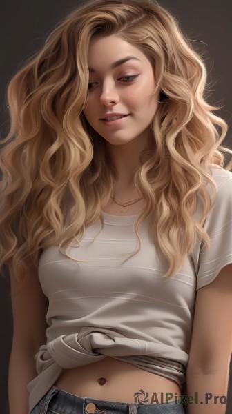 1girl,solo,long hair,breasts,looking at viewer,smile,blonde hair,simple background,shirt,navel,brown eyes,jewelry,medium breasts,white shirt,upper body,short sleeves,small breasts,parted lips,teeth,midriff,pants,necklace,lips,wavy hair,denim,t-shirt,freckles,curly hair,jeans,realistic,nose,arms at sides,tied shirt,midriff peek,blue eyes,brown hair,looking down,brown background