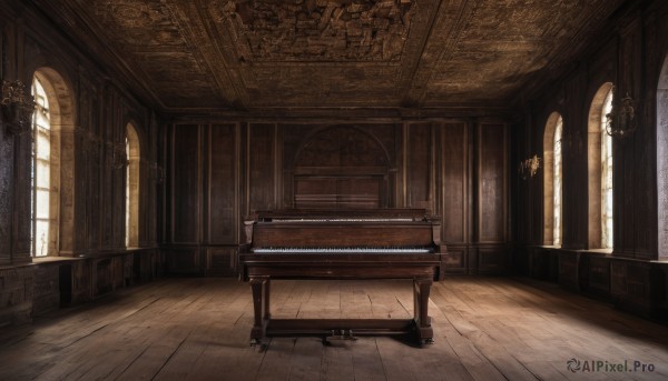 day,indoors,no humans,window,sunlight,instrument,scenery,light rays,wooden floor,stairs,pillar,piano,church,chandelier,grand piano,chair,fantasy,architecture,sunbeam,arch