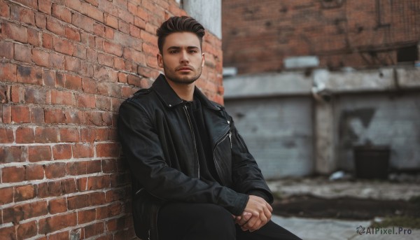 solo,looking at viewer,short hair,brown hair,shirt,black hair,long sleeves,1boy,brown eyes,sitting,closed mouth,jacket,male focus,outdoors,open clothes,pants,blurry,open jacket,black jacket,black shirt,facial hair,black pants,own hands together,beard,realistic,stubble,wall,leather,undercut,brick wall,leather jacket,photo background,day,collared shirt,blurry background,zipper,hands on lap