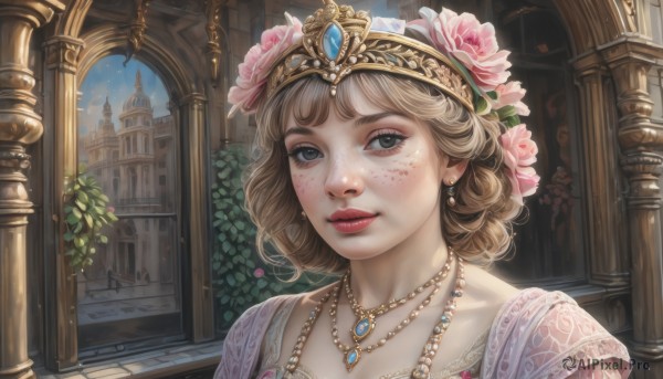 1girl,solo,looking at viewer,short hair,bangs,blue eyes,blonde hair,brown hair,hair ornament,dress,jewelry,collarbone,upper body,flower,earrings,outdoors,parted lips,sky,day,cloud,hair flower,necklace,lips,grey eyes,eyelashes,makeup,rose,leaf,light brown hair,tiara,crown,plant,building,gem,portrait,pink dress,pink flower,pendant,freckles,curly hair,pink lips,realistic,nose,fantasy,architecture,pink rose,pillar,castle,statue,pearl necklace,mascara,princess,church,arch,mole on cheek,smile,night,lipstick