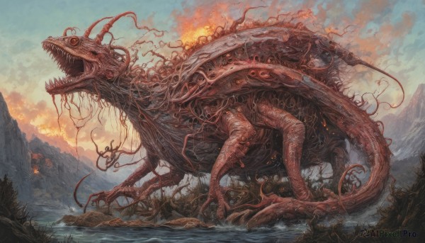 open mouth,outdoors,sky,teeth,cloud,water,tree,no humans,cloudy sky,fire,sharp teeth,nature,scenery,tentacles,monster,mountain,fantasy,extra eyes,eldritch abomination,creature