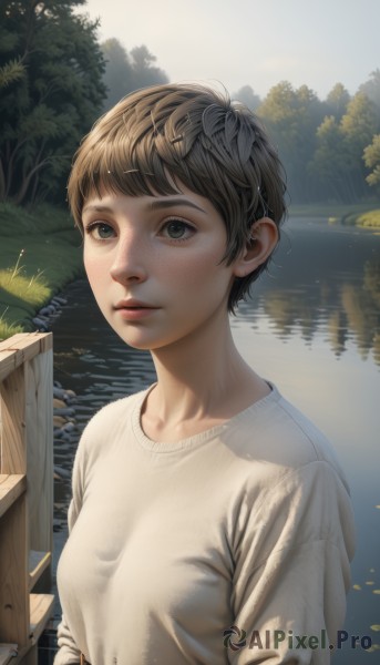 1girl,solo,breasts,looking at viewer,short hair,bangs,brown hair,shirt,long sleeves,brown eyes,collarbone,white shirt,upper body,outdoors,parted lips,day,water,sweater,tree,lips,nature,freckles,reflection,realistic,nose,white sweater,river,v-neck,lake,green eyes,small breasts,sky,sunlight,grass,scenery,forest,very short hair