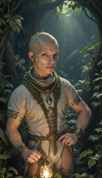 solo,looking at viewer,blue eyes,1boy,holding,jewelry,closed mouth,standing,short sleeves,male focus,cowboy shot,outdoors,belt,necklace,bracelet,tree,lips,leaf,sunlight,plant,nature,forest,hands on hips,light rays,lantern,realistic,fantasy,bald,sunbeam,vines,loincloth,earrings,chain