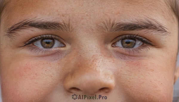 solo,looking at viewer,brown hair,1boy,brown eyes,male focus,blurry,portrait,close-up,freckles,reflection,realistic,eye focus,1girl,blush,closed mouth,lips,eyelashes