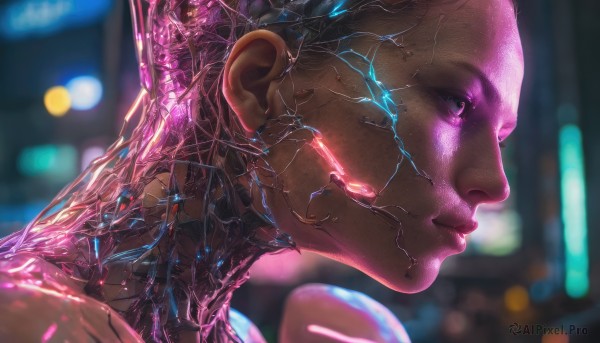 1girl, solo, closed mouth, blurry, from side, lips, profile, blurry background, portrait, science fiction, realistic, nose, android, cyborg, cyberpunk