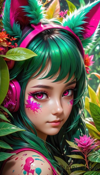 1girl,solo,long hair,looking at viewer,bangs,hair ornament,animal ears,bare shoulders,closed mouth,upper body,flower,green hair,shiny,artist name,cat ears,pink eyes,blurry,shiny hair,lips,animal ear fluff,fox ears,eyelashes,makeup,fake animal ears,headphones,leaf,watermark,facial mark,plant,lipstick,portrait,web address,pink flower,eyeshadow,freckles,pink lips,nose,eyeliner,whisker markings,facepaint,mascara,paint splatter,animal ear headphones,sleeveless,hair flower