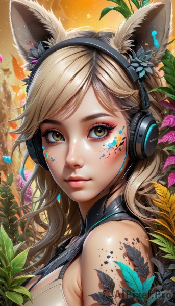 1girl,solo,long hair,breasts,looking at viewer,bangs,blonde hair,brown hair,hair ornament,animal ears,bare shoulders,brown eyes,medium breasts,closed mouth,yellow eyes,upper body,flower,artist name,hair flower,from side,lips,fox ears,eyelashes,makeup,swept bangs,headphones,leaf,facial mark,plant,lipstick,portrait,eyeshadow,freckles,pink lips,nose,eyeliner,facepaint,mascara,paint splatter,tattoo