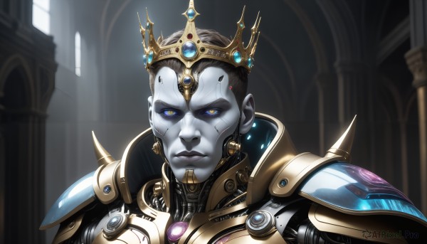 HQ,solo,looking at viewer,blue eyes,brown hair,black hair,1boy,jewelry,closed mouth,upper body,male focus,earrings,indoors,armor,glowing,colored skin,crown,shoulder armor,gem,portrait,glowing eyes,colored sclera,science fiction,pauldrons,serious,blue skin,android,black sclera,grey skin,cyborg,blue sclera,yellow eyes,piercing,spikes,realistic,pillar,mohawk