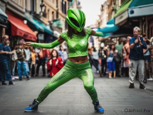 1girl,breasts,shirt,gloves,navel,medium breasts,standing,full body,outdoors,multiple boys,shoes,solo focus,day,elbow gloves,midriff,pants,dark skin,black footwear,blurry,dark-skinned female,crop top,depth of field,blurry background,helmet,blue shirt,sneakers,faceless,6+boys,city,fighting stance,realistic,road,street,green pants,crowd,photo background,long hair,black hair,green shirt