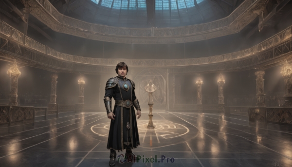 1girl,solo,looking at viewer,short hair,bangs,black hair,1boy,dress,jewelry,closed mouth,standing,full body,male focus,boots,belt,indoors,black footwear,armor,black eyes,window,shoulder armor,gem,reflection,pauldrons,stairs,fantasy,arms at sides,vambraces,light,candle,magic circle,wide shot,reflective floor,artist name,cape,scenery,shoulder pads,pillar